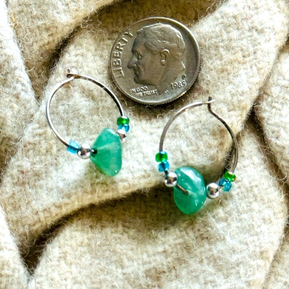 Miniature Sterling Hoops with Aqua Colored Stones - Picture 1 of 3